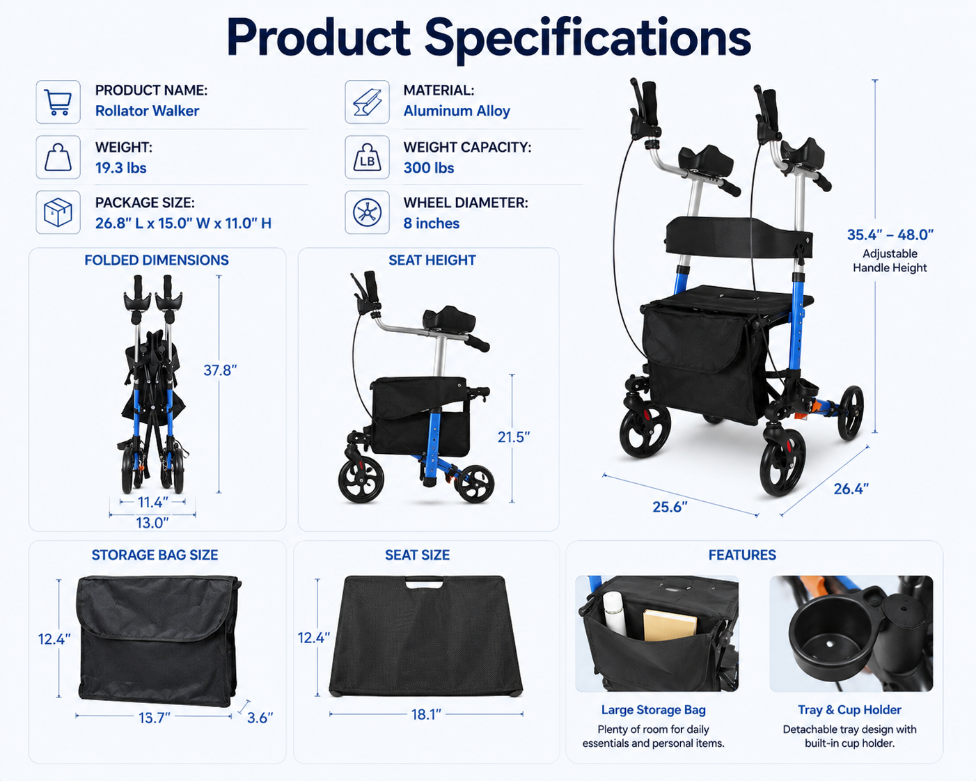 Elderly walker, elbow rest, pushable, seatable, storage bag, walker, no need to install hand-push, travel shopping, aluminum alloy