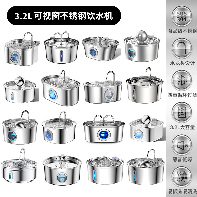 Source Factory Stainless Steel Pet Smart Water Dispenser Automatic Circulation Flow 3.2L Large Capacity Cat and Dog Water Feeder